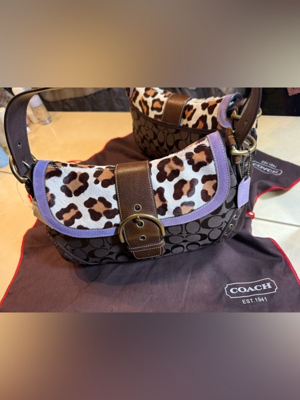 COACH NWT Extremely Rare Vintage Soho Leopard Calf Hair&Brown Signature Handbag - Picture 7 of 15